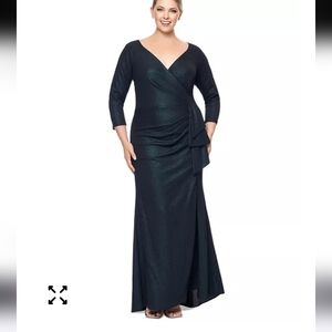 $249 XSCAPE Metallic-Threaded Gathered-Waist Dress Sz 4 Dark Green NWT